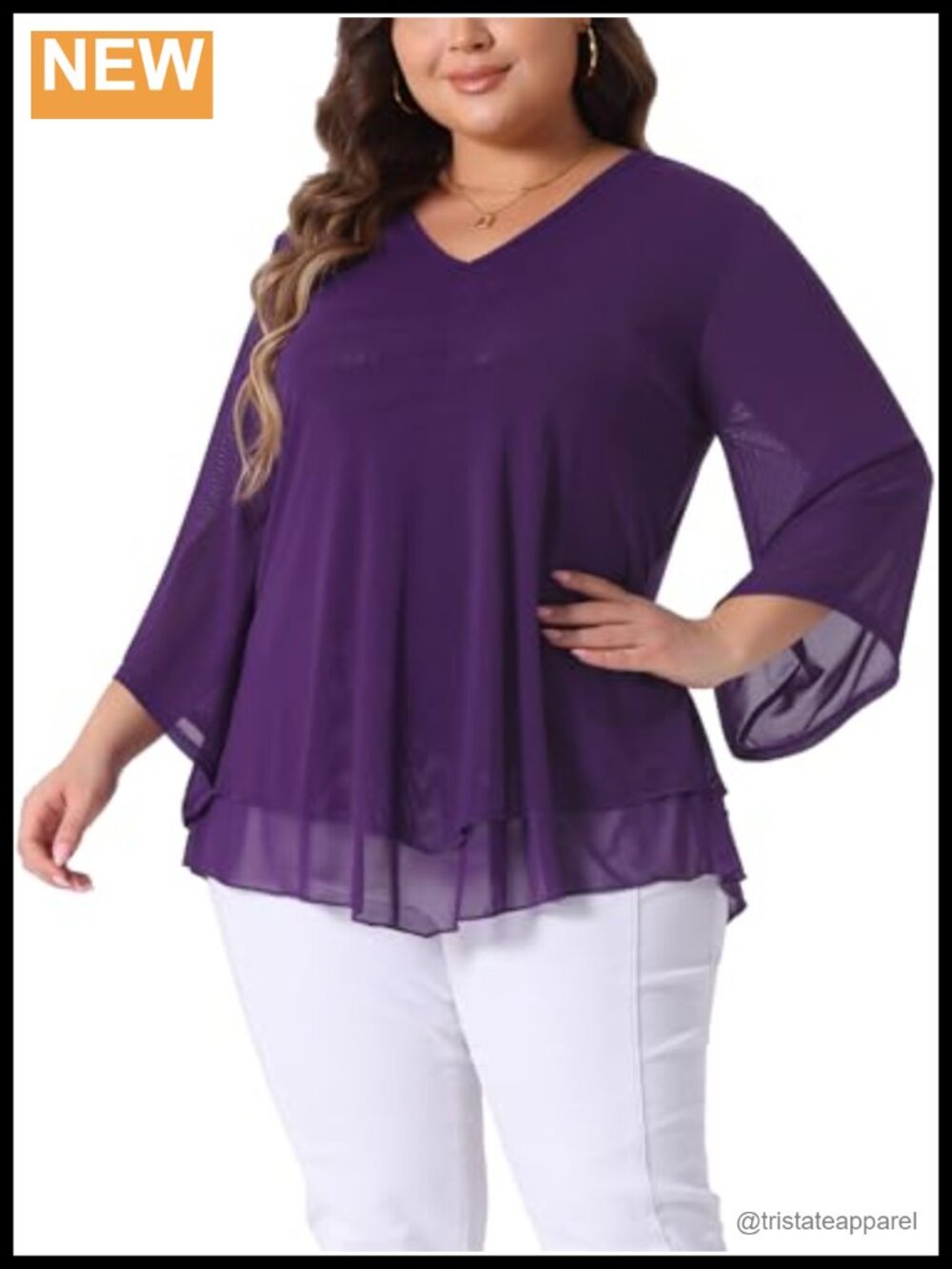 Plus Size Women's 3/4 Sleeve Scoop Neck Double Layer Blouse with Lining